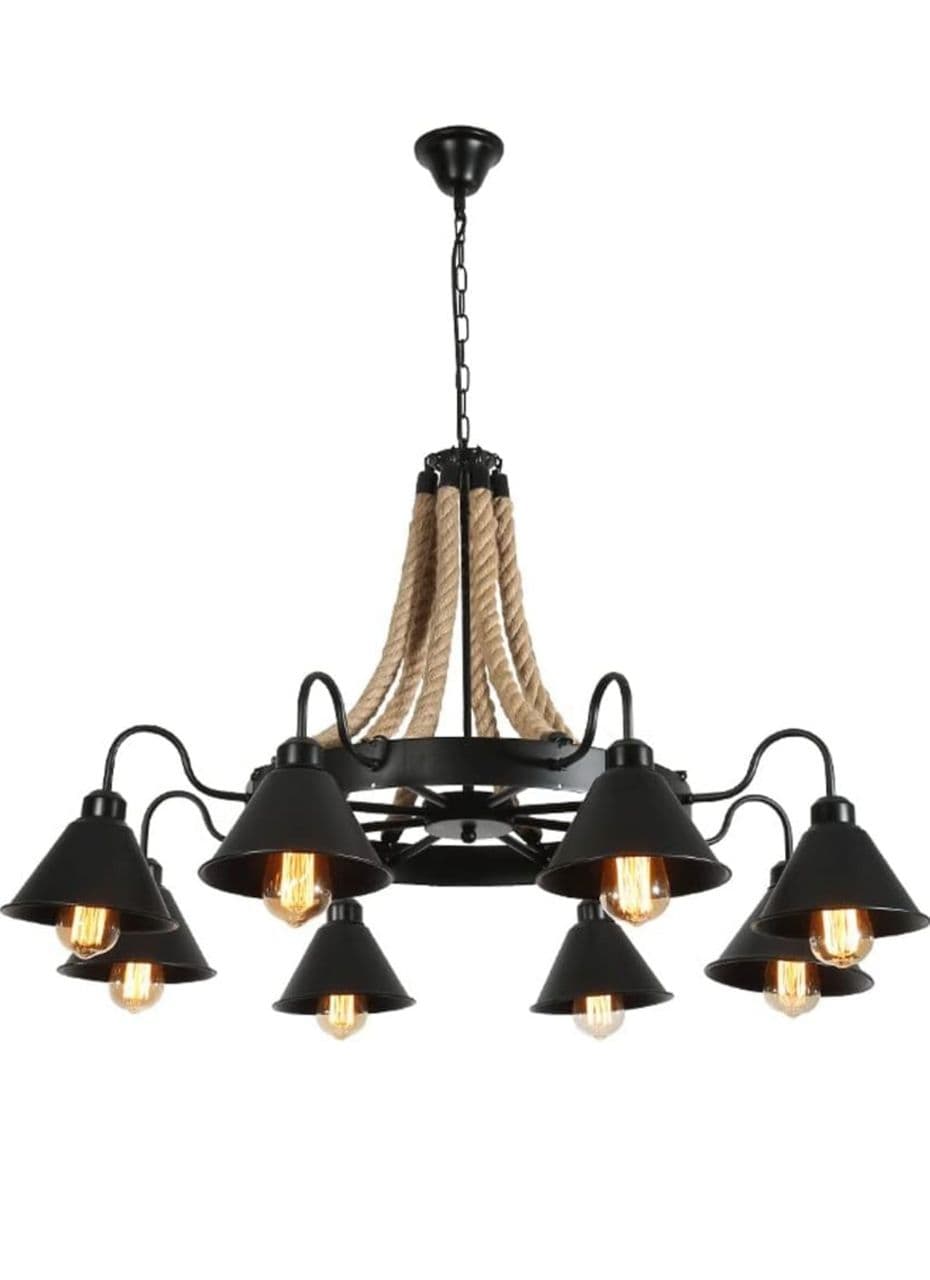Industrial Rope & Cone Metal Shade Chandelier – 8‑Light