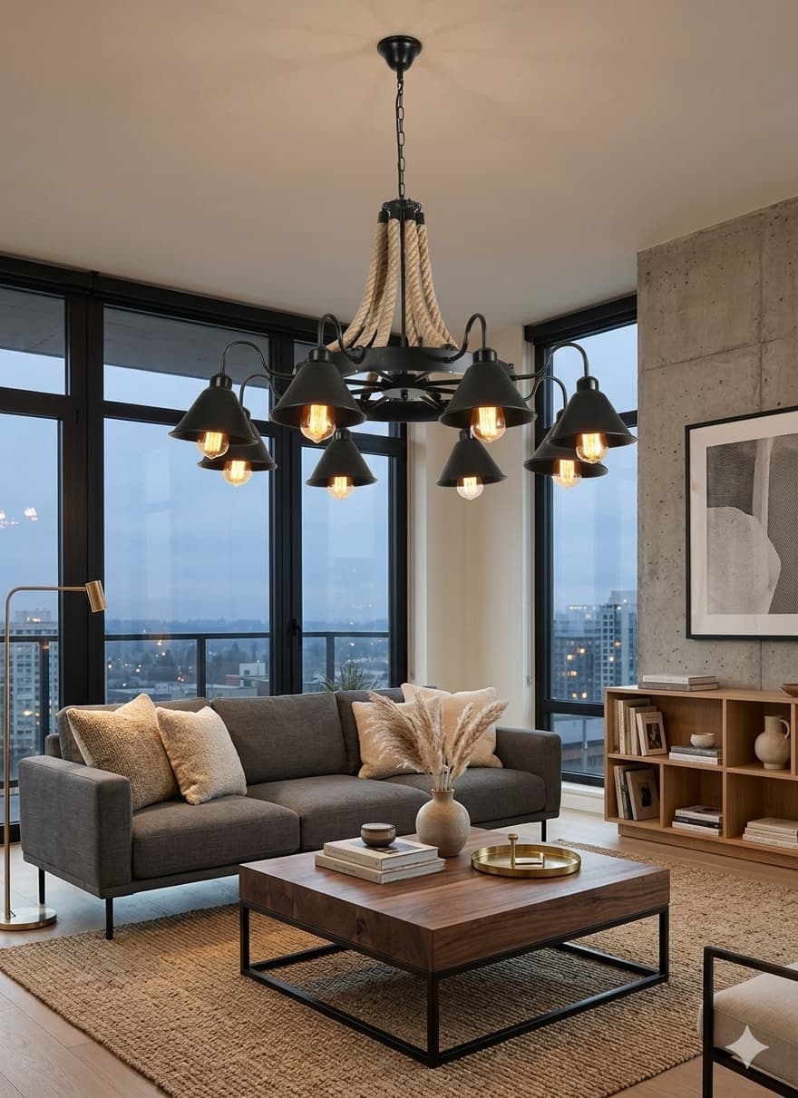 Industrial Rope & Cone Metal Shade Chandelier – 8‑Light