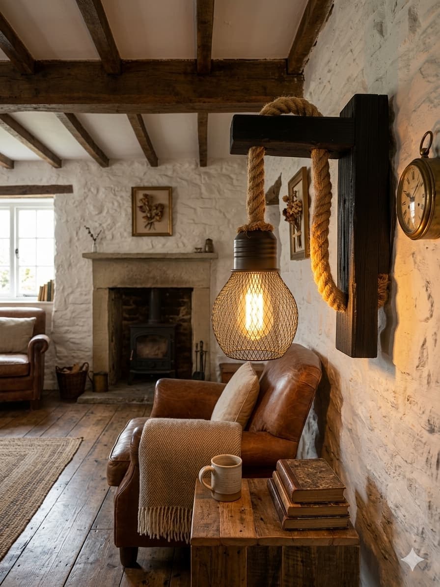 Rustic Iron & Hemp Rope Wall Sconce